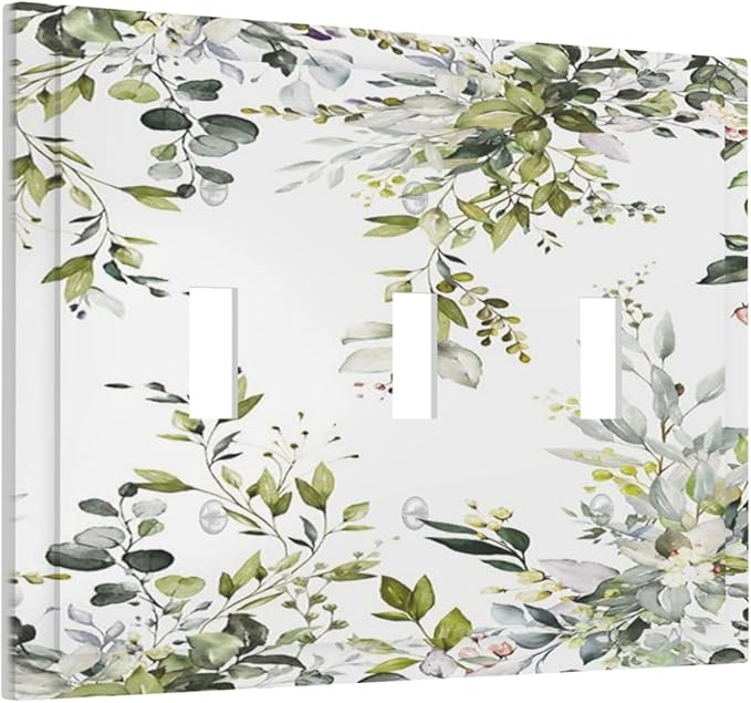Eucalyptus Sage Green Leaf Plant Floral Decorative Switch Plates 3 Gang Wall Plate Triple Toggle Light Switch Cover Faceplate Electrical Wall Panels for Bedroom Living Room Decor