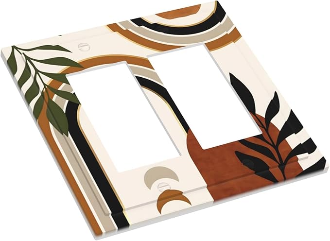 Boho Mid Century Arch Plant Leaves Sun Moon Decorative Outlet Covers 2 Gang Double GFCI Rocker Electrical Wall Panels Light Switch Cover Plate for Bedroom Living Room Decor