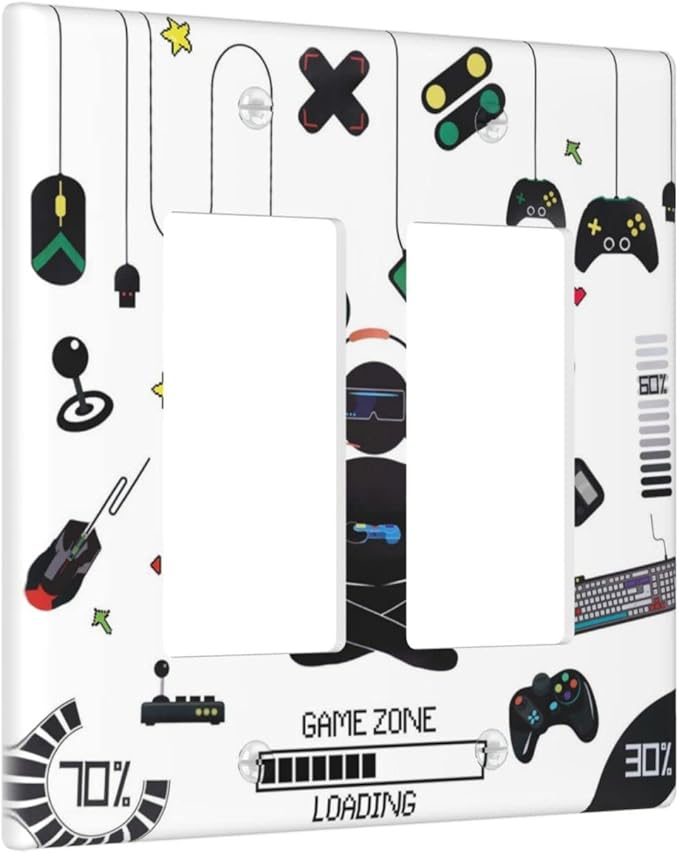 Double Rocker Wall Plate Gamer Room Video Game Decor Light Switch Cover 2 Gang Decorative Gfci Electrical Switchplate Home for Bathroom Bedroom Kitchen Decor 4.6"X4.5"