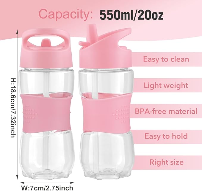 Sivaphe Clear Kids Water Bottle with Straw Cap 12 oz, Portable Leak-Proof Tritan Small Beverage Bottle 350 ml, Transparent Sports Drinking Bottle 350ml for School Girls Lightweight Pink