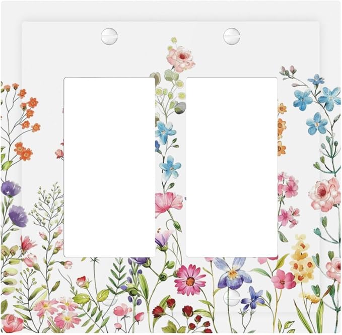 Boho Watercolor Wildflowers Floral Plants Flower Decorative Outlet Covers 2 Gang Double GFCI Rocker Electrical Wall Panels Light Switch Cover Plate for Bedroom Living Room Decor