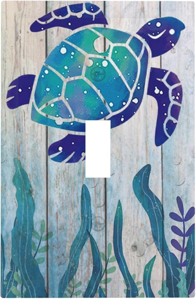 Sea Turtle Grass Seaweed on Rustic Wooden Board Single Toggle Wall Plate Covers 1 Gang Light Switch Cover Ocean Grass Seaweed Faceplate Decorative Electrical for Bathroom Kitchen Home Decor
