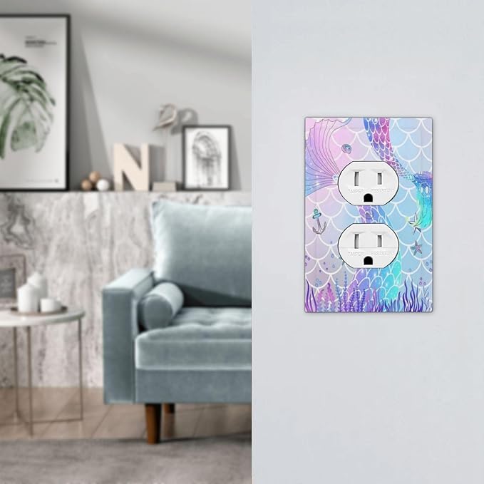 1 Gang Single Duplex Receptacle Outlet Cover Colorful Kid Girls Purple Pink Mermaid Tail Scales Starfish Electrical Wall Plate One Gang Dual Device Light Switch Faceplate Socket Plug Cover No Glitter