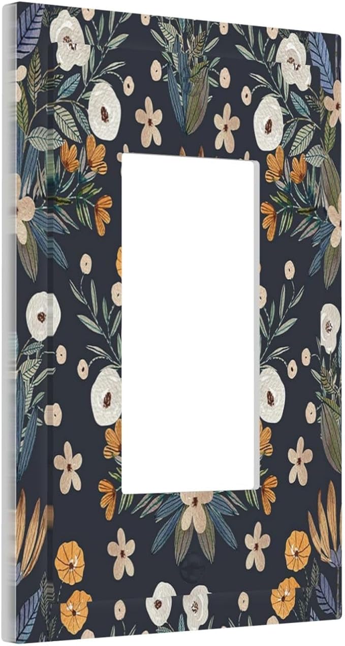 Boho Leaf Floral Navy Blue Background 1 Gang Rocker Light Switch Covers Single Decora Outlet Wall Plate Decorative Switchplate Faceplate GFCI for Farmhouse Country Bedroom Bedroom Decor