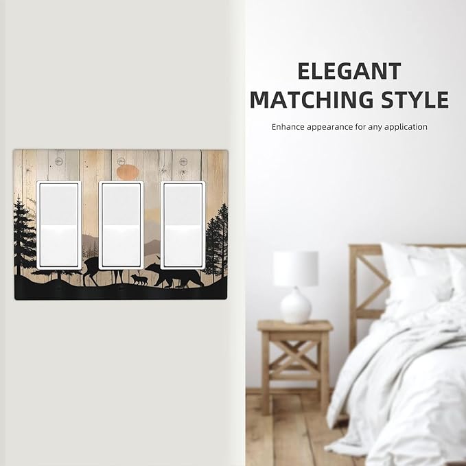 Light Switch Covers Wood Board Wildlife Cute Bear Deer Forest Rustic 3 Gang Rocker Electrical GFCI Decorative Triple Outlet Wall Plate Cover Switchplate for Bathroom Farmhouse Decor