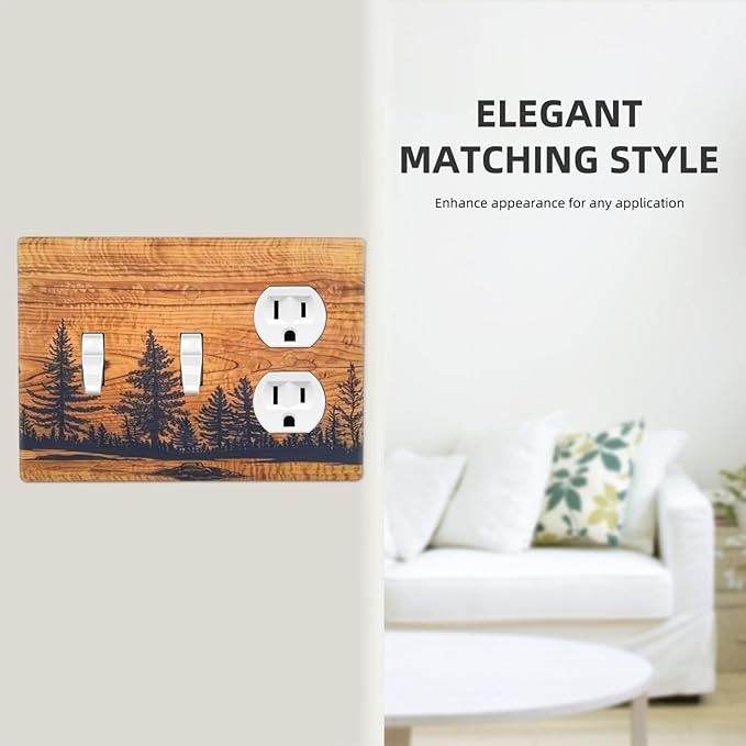 Country Forest Pine Tree Woodland Woods 3-Gang 2-Toggle 1-Duplex Device Combination Wall Plate, Retro Vintage Wood Wooden Three Gang Combo Two Toggle/One Duplex Receptacle Outlet Light Switch Cover