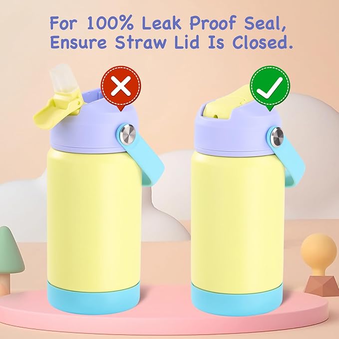 Kerilyn 12oz Kids Water Bottle 2 Pack, Stainless Steel Insulated Water Bottle Bulk, Toddler Cups with Straws Leak-Proof, Kids Water Bottles for School Boys Girls, BPA Free, Cream + Sky 2 Piece Set