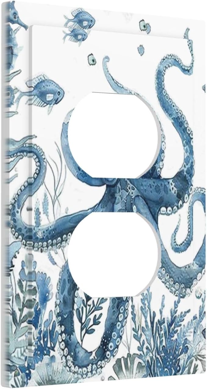 Blue Octopus Squid Seahorse Coral Watercolor Wild Sealife Outlet Covers 1 Gang Duplex Light Switch Cover Decorative Switch Plates Electrical Receptacle Faceplate Wall Plate for Bathroom Kids Room