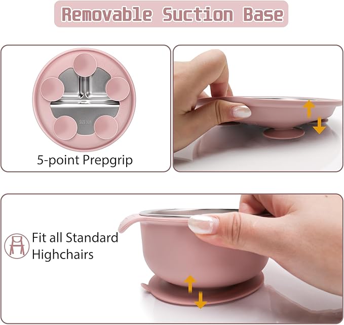 MISSLILI Stainless Steel Kids Plates and Bowls Set with Suction, Divided Baby Plate and Toddler Bowl with Removable Silicone Suction,Stainless Steel Weaning Bundle, Silicone Baby Feeding Set (Pink)