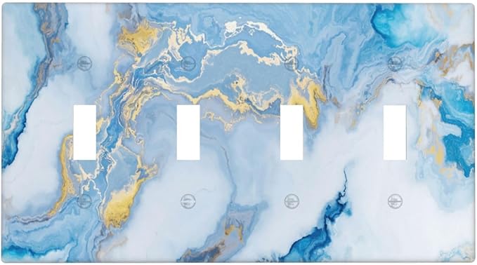 Beautiful Marble Texture Blue Gold Fluid Abstract Print Light Switch Covers Quad Toggle Electrical Faceplate 4 Gang Wall Plate Decorative Switch Plates Cover for Bedroom Bathroom Decor
