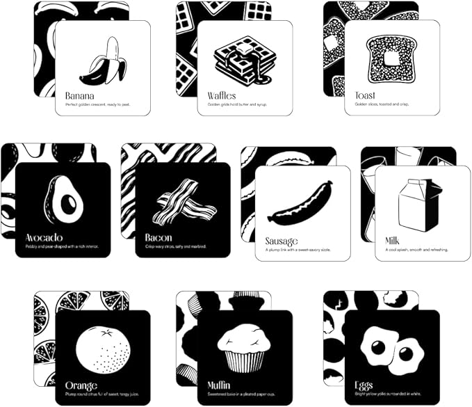 Chunky Deli Breakfast for Baby High-Contrast Art Cards Black and White Newborn Vision Tracking Flash Cards for Tummy Time Food Themed Infant Toys 0-6+ Months