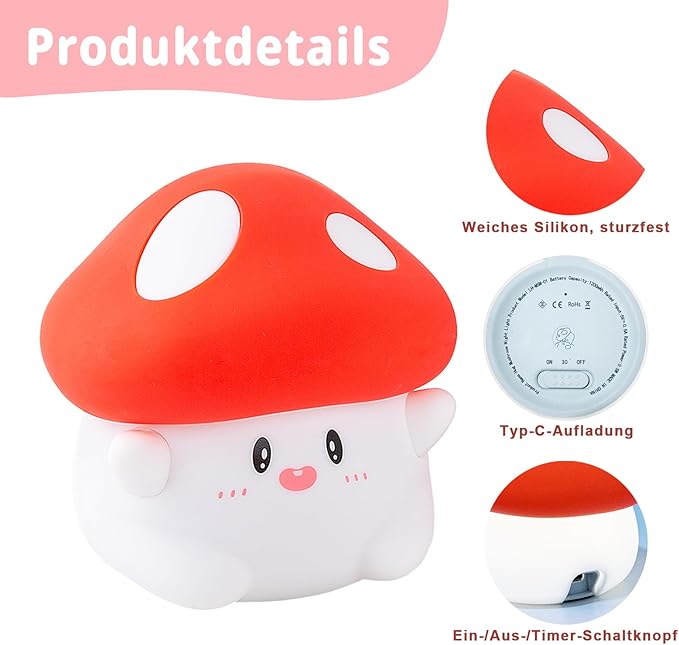 Rytinazzz Hug Mushroom Night Light, 50-Hour Battery & Pat Control, Squishy Lamp for Kids Bedroom, Girls, USB Rechargeable with Timer, Mothers Day Gifts