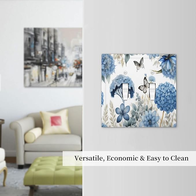 Blue Floral Hydrangea Floral Butterfly Flower Plant Decorative Switch Plates 2 Gang Double Toggle Outlet Light Switch Cover Wall Plate Electrical Faceplate for Bedroom Living Room Decor