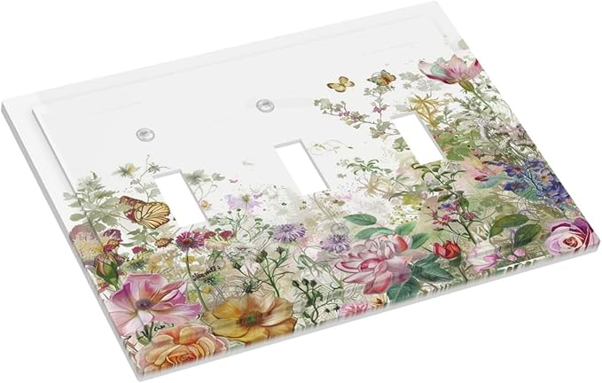 Decorative Switch Plates Boho Wildflower Colorful Floral Butterfly 3 Gang Wall Plate Triple Toggle Light Switch Cover Faceplate Electrical Wall Panels For Bed Room Living Room Decor