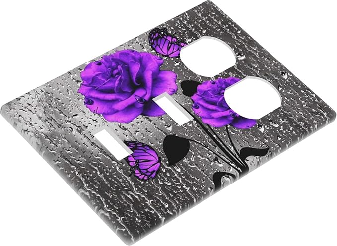 Purple/Gray Blossom Flowers Rose Butterfly Valentine Day 3-Gang 2-Toggle 1-Duplex Device Combination Wall Plate Decorative Combo Double Toggle/Single Duplex Receptacle Outlet Light Switch Cover Plate