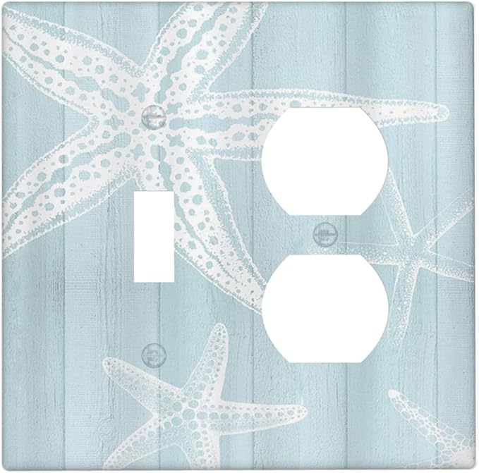 Outlet Covers Blue Wooden Plank Starfish Ocean Vintage 2 Gang Decorative Switch Plates 1 Toggle Duplex Combo Light Switch Cover GFCI Electrical Wall Plates for Bathroom Bedroom Decor