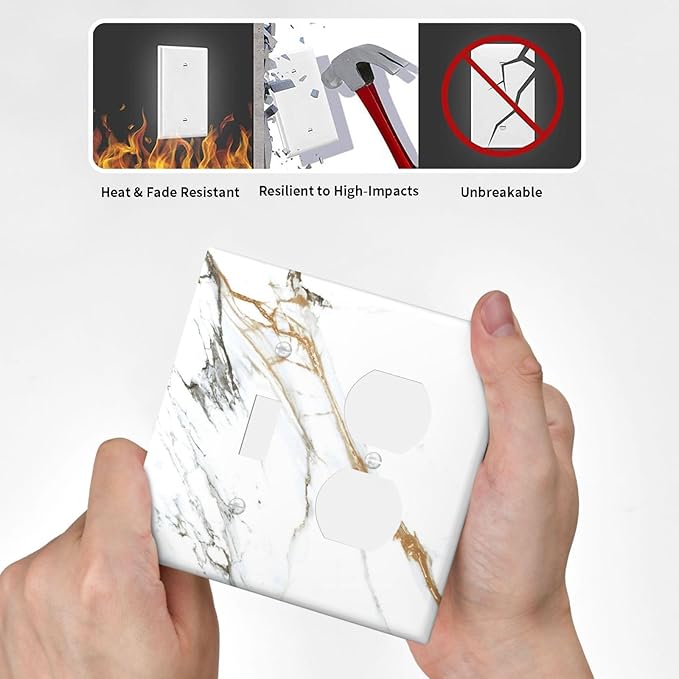 White Gold Marble Modern Abstract Luxury Print Wallplates 1 Toggle 1 Duplex Switch Plate Electrical GFCI Faceplate Decorative Light Switch Covers for Bathroom Kitchen Decor