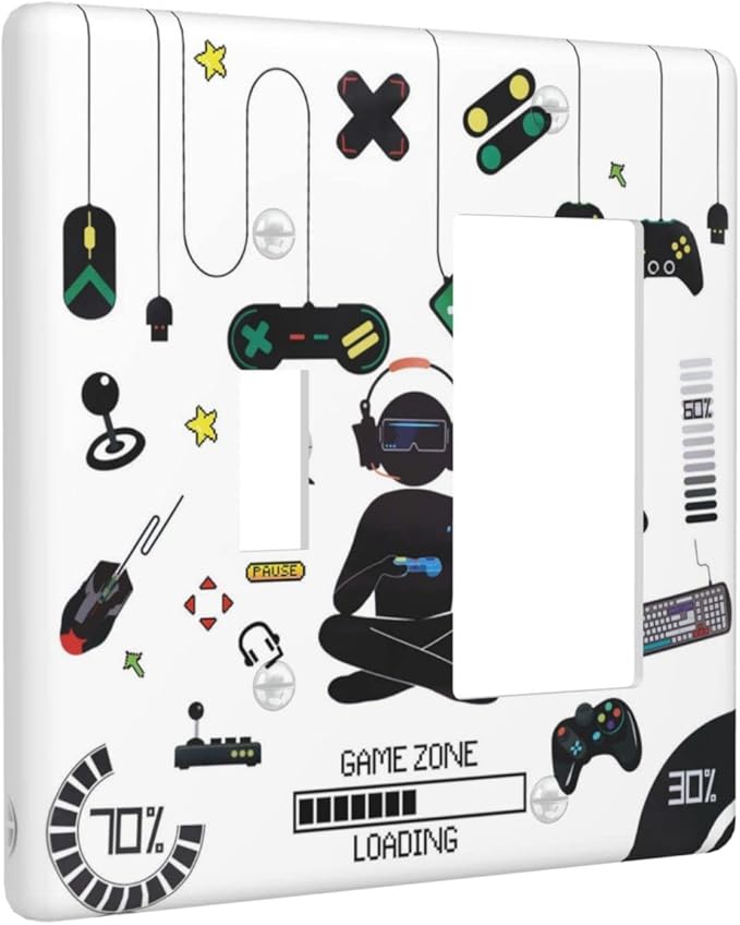 2 Gang Toggle Rocker Light Switch Cover Gamer Room Video Game Decor Decorative Combin Wall Plate Cover for Bathroom Home Bedroom Art Panel Decor 4.5 X 4.5 In