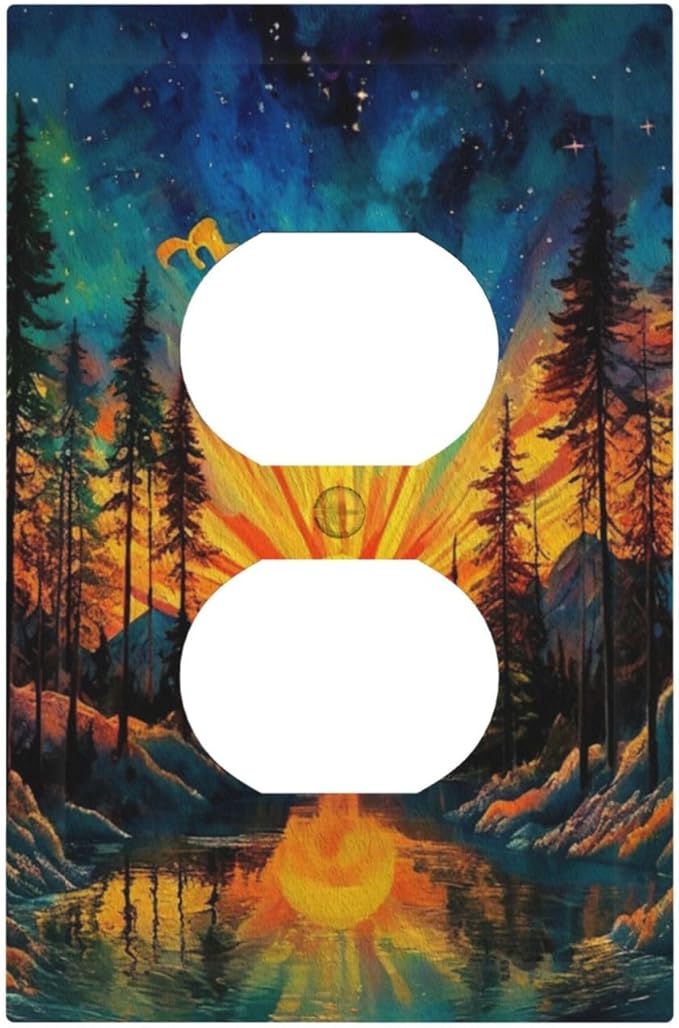 Decorative Outlet Covers Vintage Forest Sun Boho Mountain Starry Sky 1 Gang Duplex Light Switch Cover Plate Electrical Switch plates Wall Plates Receptacle Covers for Bathroom Bedroom Decor