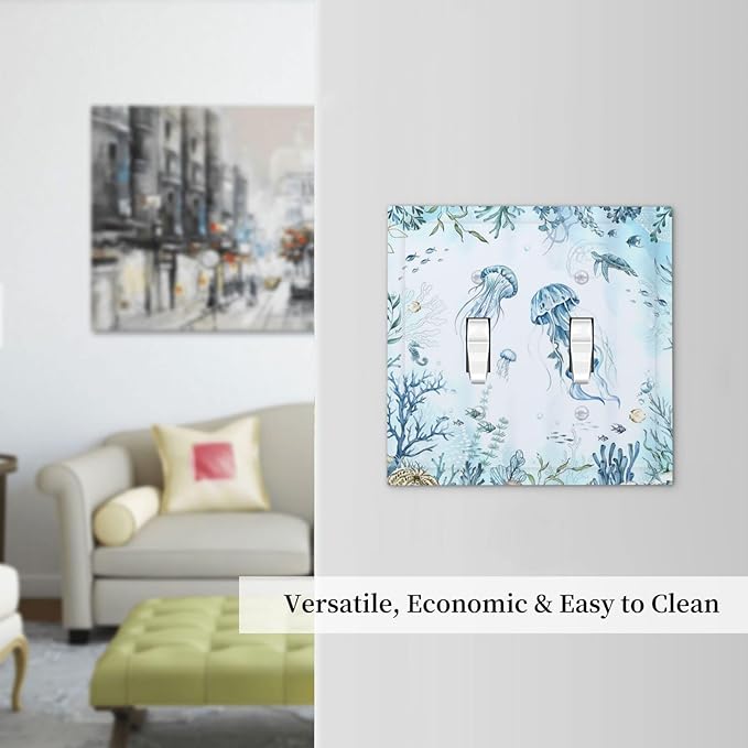 Decorative Switch Plates Jellyfish Teal Blue Ocean Turtle Coastal Beach 2 Gang Double Toggle Wall Plate Outlet Light Switch Cover Electrical Faceplate for Bedroom Bathroom Decor