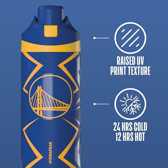 Hydrapeak x NBA Officially Licensed Golden State Warriors Oasis 20 oz Insulated Kids Water Bottle, Stainless Steel Water Bottle Kids with Chug Lid, Push Button