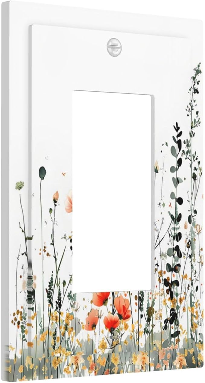 Vintage Country Style Watercolor Leaves Wildflowers Floral Decorative Outlet Covers 1 Gang Single Rocker Light Switch Cover Plate Wall Plates GFCI Faceplate for Bedroom Living Room Decor