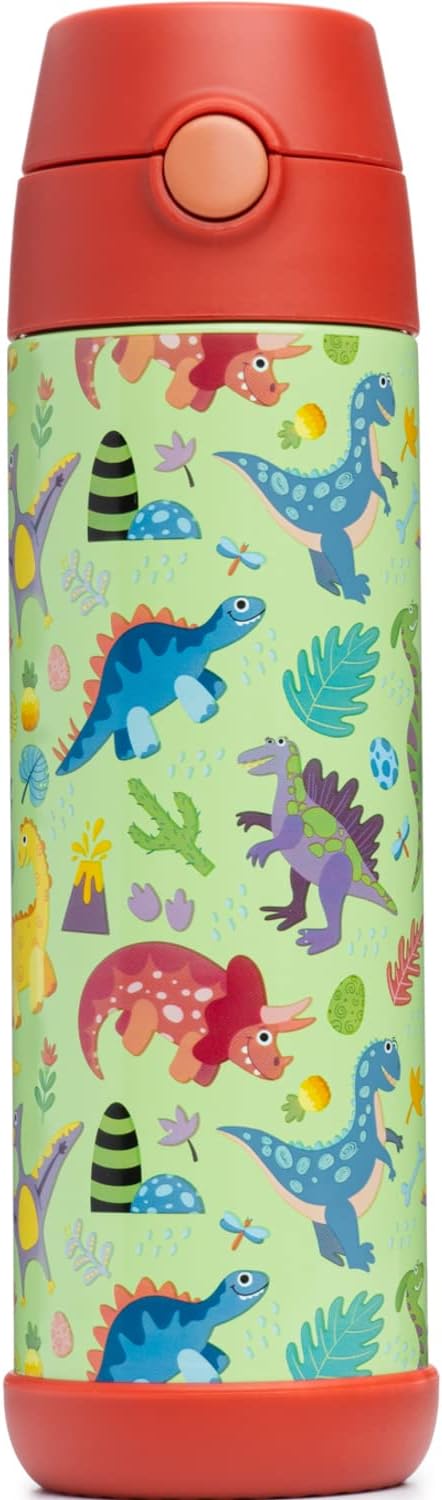 Snug Insulated Kids Water Bottle with Straw & Spout – Double-Wall Stainless Steel, Leakproof, Easy-Flip Lid – For School, Travel, Toddlers & Big Kids - Dinosaurs, 17oz