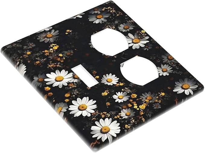 White Black Daisy Wildflower Modern Chrysanthemum Wallplates 1 Toggle 1 Duplex Switch Plate Electrical GFCI Faceplate Decorative Light Switch Covers for Bedroom Farmhouse Decor