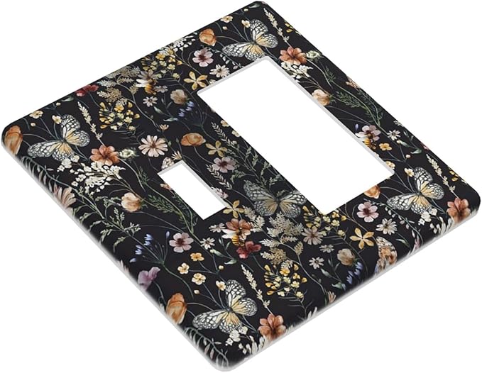 Vintage Flower Leaves 2 Gang Toggle Rocker Light Switch Cover Decorative Cute Bees Combin Wall Plates Dark Backgrounds Art Panel Butterfly Dimmer Decor for Bedroom Kitchen Bathroom