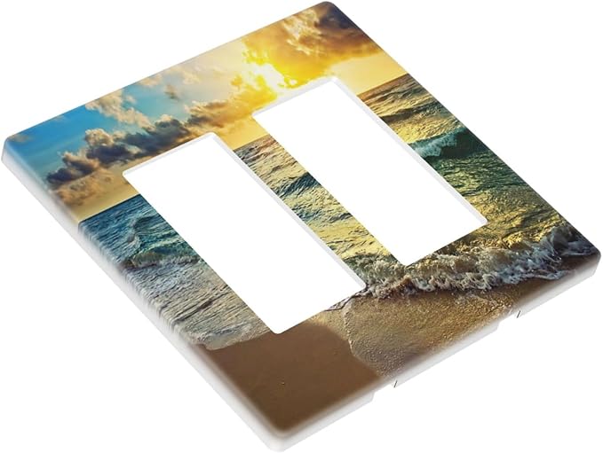 Sea Ocean Beach Sun Wave Sunrise 2 Gang Double Rocker/Decora Light Switch Cover Decorative Outlet Wall Plate Electrical Faceplate Home Family Art Decor Screwless