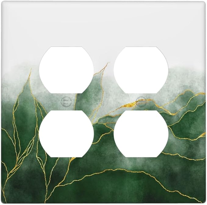 Decorative Light Switch Cover Plate Green Gold Leaf Marble Modern Abstract 2 Gang Decorative Switch Plates 1 Toggle Duplex Combo Outlet Covers GFCI Plug Covers Wallplates for Kitchen Bathroom Decor