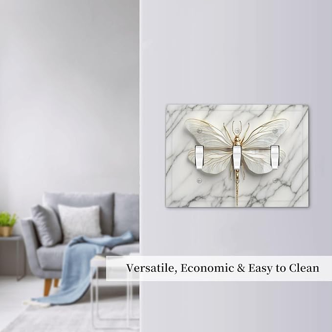 White Gold Marble Dragonfly Abstract Modern Decorative Switch Plates 3 Gang Wall Plate Triple Toggle Light Switch Cover Faceplate Electrical Wall Panels for Bathroom Home Decor