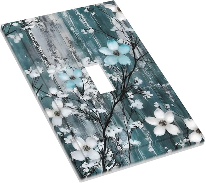 Rustic Blue Watercolor Flower Wooden Background Decorative Light Switch Cover 1 Gang Single Toggle Device Electrical Faceplate Switchplates Decorator Outlet Wall Plate for Bedroom Living Room Decor