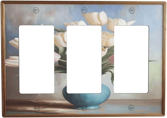 Decorative Art Light Switch Covers Tulips In Vase 3 Gang Triple Rocker Outlet Switch plate GFCI Faceplate GFCI for Home Decor