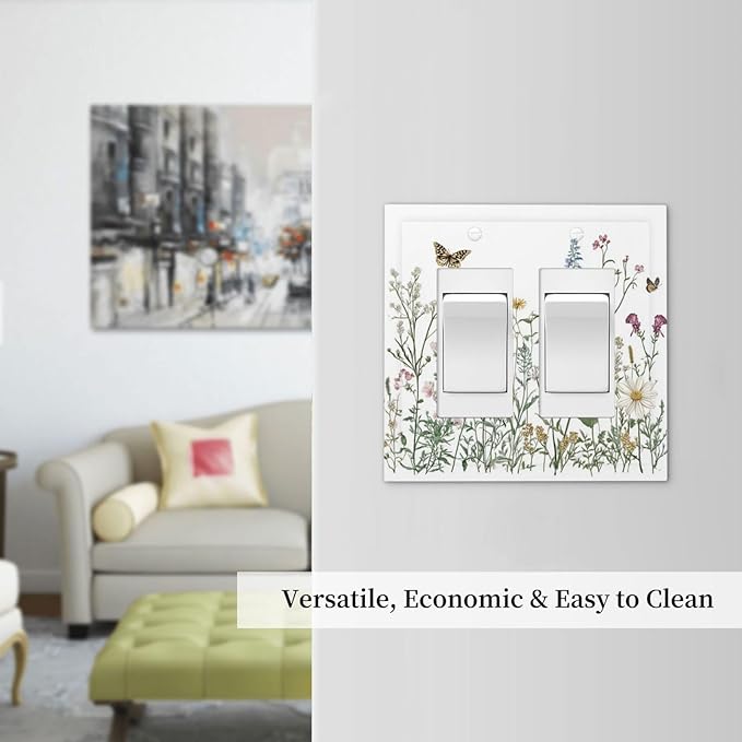 Decorative Outlet Covers Rustic Wildflowers Butterfly Colorful Floral 2 Gang Double Gfci Rocker Electrical Wall Panels Light Switch Cover Plate For Bed Room Living Room Decor
