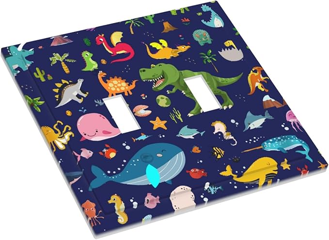 Cartoon Funny Cool Blue/Green Dinosaur Double Toggle Wall Plate Ocean Dolphin Safari Animal Boys Kids Whale Dolphin Decorative 2-Gang Light Switch Cover Electrical Receptacle Outlet Face Plate Cover