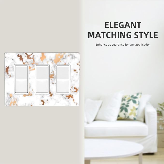 Lexury White Red Golden Marble 3 Gang Triple Rocker/Decora Light Switch Wall Plate Cover Decorative Electrical Faceplate Switchplate for Bathroom Living Room Decor