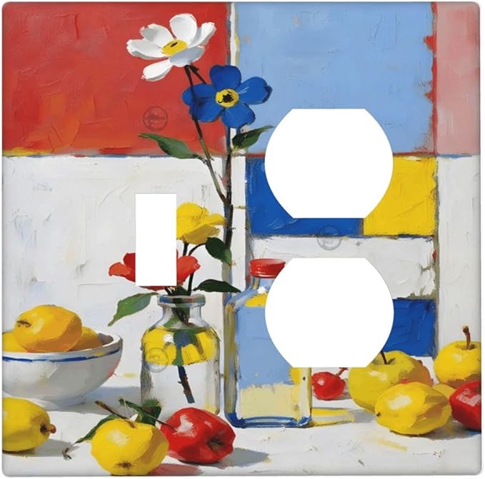 Color Block Floral Still Life Art Red Yellow Blue Abstract Wallplates 1 Toggle 1 Duplex Switch Plate Electrical GFCI Faceplate Decorative Light Switch Covers for Farmhouse Bedroom Decor