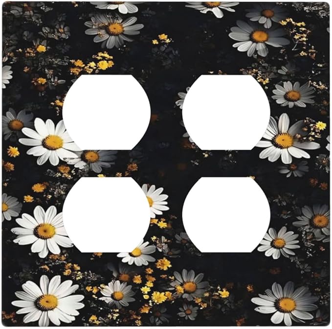 White Black Daisy Wildflower Modern Chrysanthemum Outlet Covers 2 Gang Double Duplex Decorative Light Switch Covers Electrical Wallplates Socket Faceplate for Bedroom Farmhouse Decor