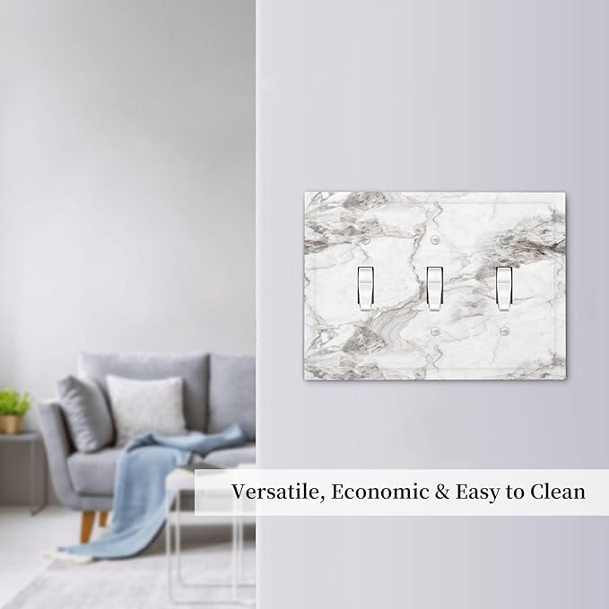 White And Gray Marble Patterns Texture Abstract Print Decorative Switch Plates 3 Gang Wall Plate Triple Toggle Light Switch Cover Faceplate Electrical Wall Panels for Bathroom Kitchen Decor