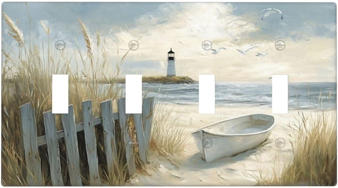 Sea Beach Quad Toggle Light Switch Cover Old Ship Reed Lighthouse Seascape 4 Gang Wall Plate Decorative Electrical Switchplates Covers for Country Bathroom Bedroom Living Room Decor