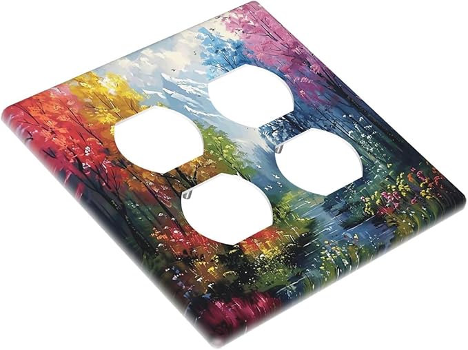 Colorful Forest Snow Mountain River Oil Painting Style Outlet Covers 2 Gang Double Duplex Decorative Light Switch Covers Electrical Wallplates Socket Faceplate for Bedroom Living Room Decor