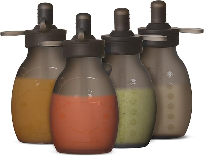 haakaa Hippo Pouch – 9oz/260ml Reusable Pouches for Toddlers, Reusable Baby Food Pouches for Homemade Organic Purees, Juices, Smoothies, and Yogurt, 4 Pack, (Grey)