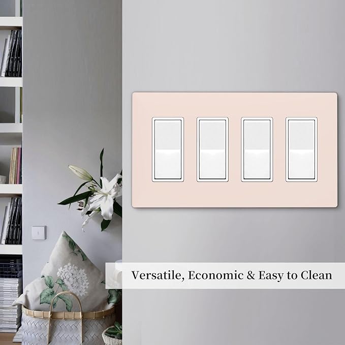 Beige 4 Gang Quad Rocker/GFCI/Decorator Light Switch Cover Plate Decorative Electric Faceplate Decorative Switchplate Screwless