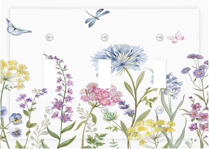 Colorful Wildflowers Dragonfly Lavender Butterfly Insect Decorative Switch Plates 3 Gang Wall Plate Triple Toggle Light Switch Cover Faceplate Electrical Wall Panels for Bedroom Living Room Decor