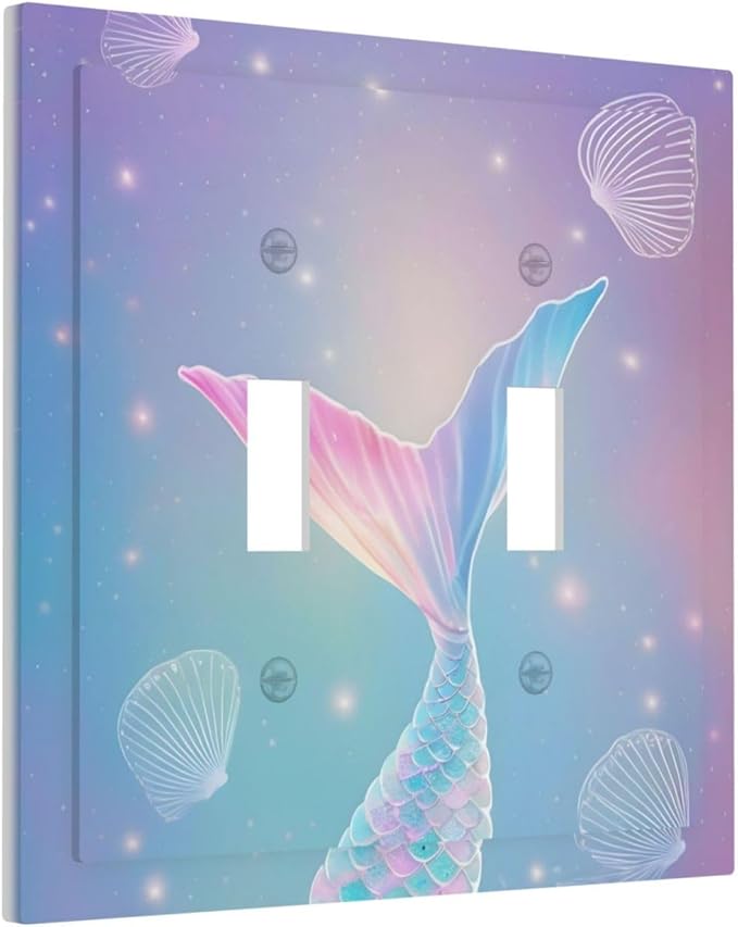 Cute Mermaid Pink Tail Scales Shells Colorful Ocean Decorative Switch Plates 2 Gang Double Toggle Outlet Light Switch Cover Wall Plate Electrical Faceplate for Kids Room Nursery Decor