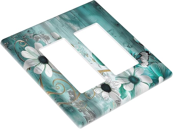 Decorative Outlet Covers Turquoise Flowers and Butterflies Rustic Teal White Floral 2 Gang Wall Plate Double Rocker Decora Light Switch Cover Plate Dual Electrical GFCI Switch Plate Cover