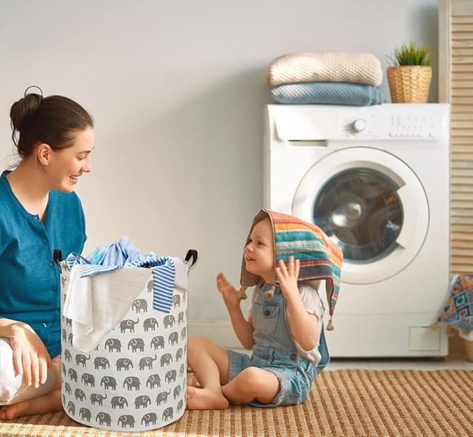 HIYAGON Canvas Storage Basket,Large Laundry Basket with Handles-Collapsible Storage Bin for Kids Room,Nersury Hamper,Toy Storage 19.7×15.7 (Grey Elephant)