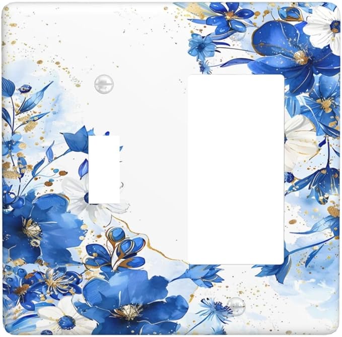 Klein Blue Flowers Watercolor Golden White Floral Outlet Covers 1 Toggle 1 Rocker Combination Decorative Wall Plate Electrical Switch Plates Light Switch Cover Plate for Bedroom Living Room Decor