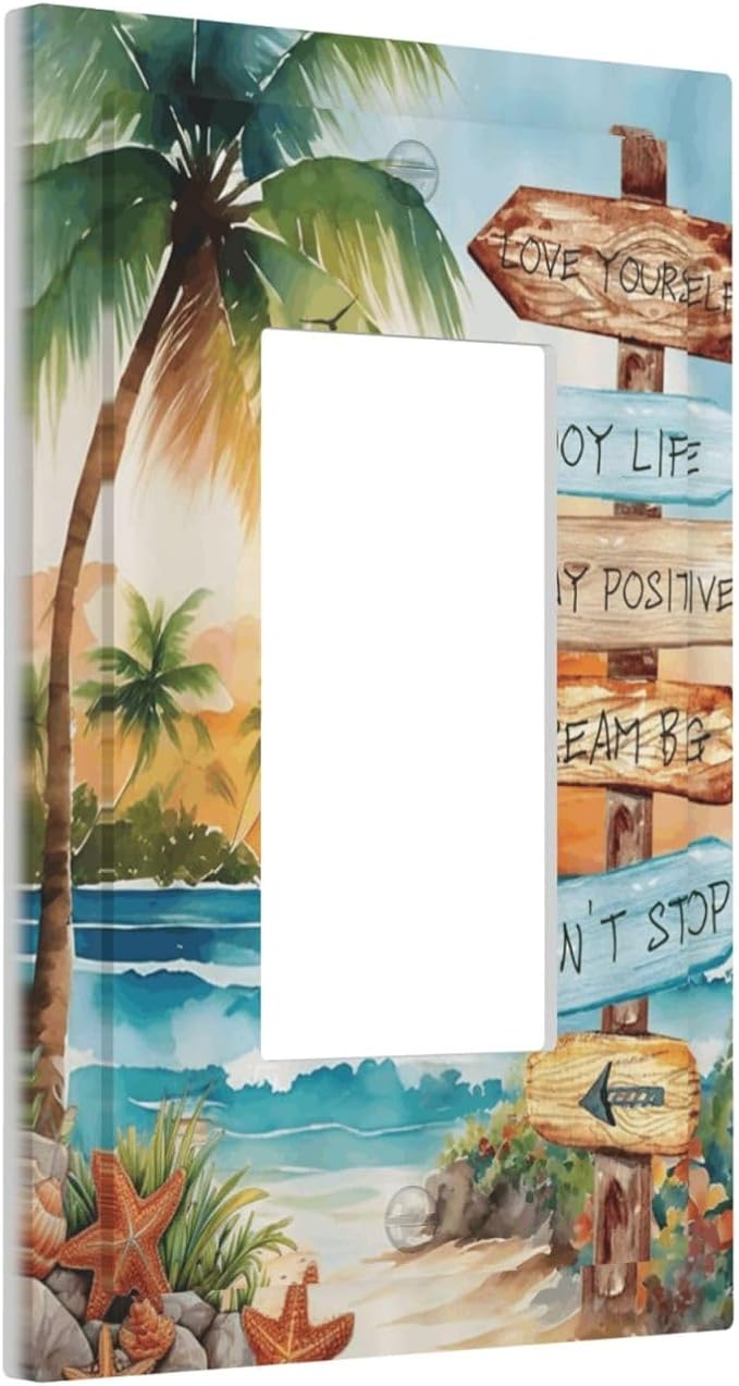 Tropical Beach Palm Tree Summer Coastal Ocean Sunset Decorative Outlet Covers 1 Gang Single Rocker Light Switch Cover Plate Wall Plates GFCI Faceplate for Bedroom Living Room Decor